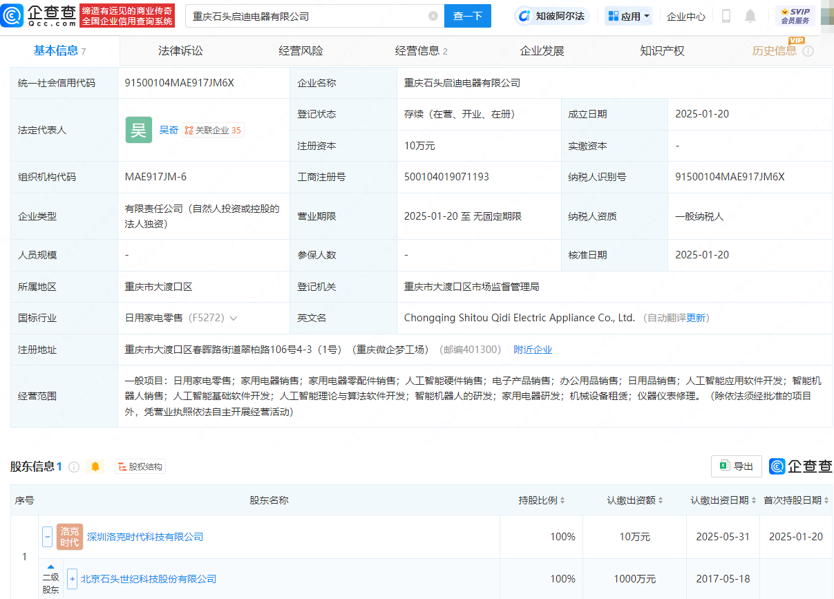 石頭科技布局新領域，新設電器公司涉足智能機器人銷售:電器銷售公司